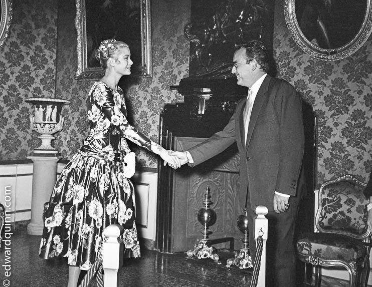 Grace Kelly meets Prince Rainier. The moment of the first formal handshake. Monaco 1955.