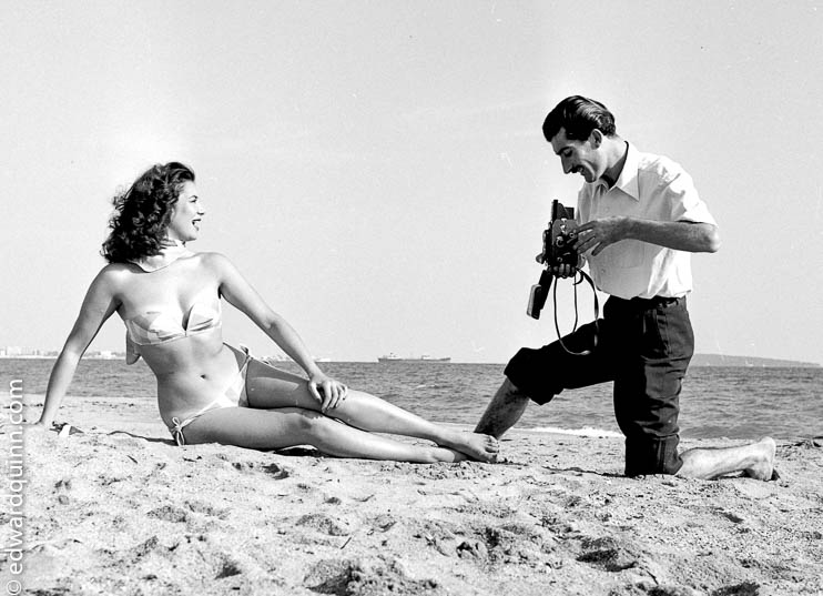 Edward Quinn taking pictures of Beauty queen and model Myriam Bru. Juan-les-Pins 1951.