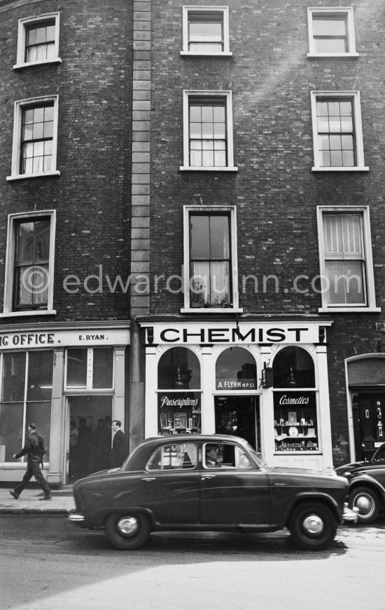 Sweny’s Pharmacy, the chemist made famous in Joyce’s Ulysses where Leopold Bloom bought a bar of the now famous lemon soap for his wife Molly. Dublin 1963. - Photo by Edward Quinn