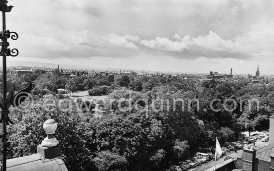St Stephen\'s Green. St Patrick\'s Cathedral in the background right. Dublin 1963. View from the roof of The Shelbourne Hotel. - Photo by Edward Quinn