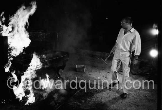 Arman, French artist. Burning Piano performance. Nice 1967 - Photo by Edward Quinn