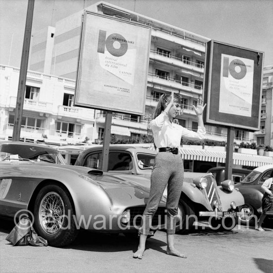 Famous car, not so famous star. Mona Arvidsson, Swedish Fashion Model and the Ferrari that was a present of Rossellini to his wife Ingrid Bergman. But she was\'t too fond of the car and the Ferrari was soon sold. Cannes 1957. Car: Ferrari 375 MM, 1955. Coupé Pininfarina - Photo by Edward Quinn