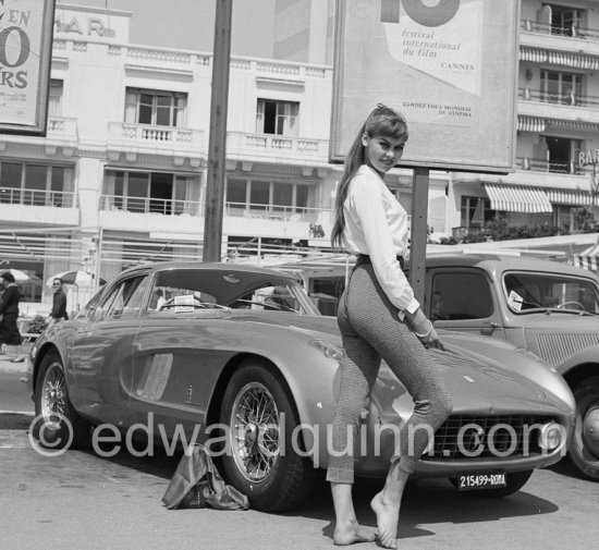 Famous car, not so famous star. Mona Arvidsson, Swedish fashion model and the Ferrari that was a present of Rossellini to his wife Ingrid Bergman. But she wasn\'t too fond of the car and the Ferrari was soon sold. Cannes 1957. Car: Ferrari 375 MM (0456 AM) 1955 Coupé Pininfarina - Photo by Edward Quinn