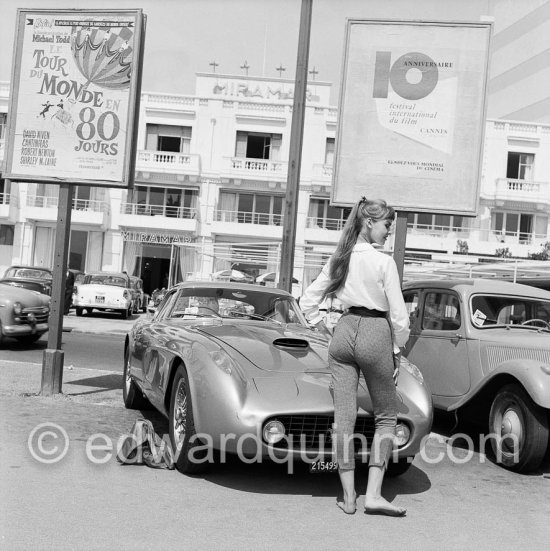 Famous car, not so famous star. Mona Arvidsson, Swedish fashion model and the Ferrari that was a present of Rossellini to his wife Ingrid Bergman. But she was\'t too fond of the car and the Ferrari was soon sold. Cannes 1957. Car: Ferrari 375 MM, 1955 Coupé Pininfarina - Photo by Edward Quinn