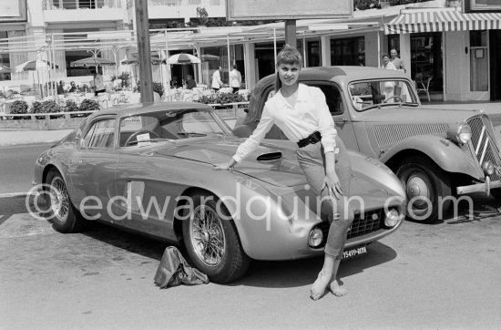 Famous car, not so famous star. Mona Arvidsson, Swedish fashion model and the Ferrari that was a present of Rossellini to his wife Ingrid Bergman. But she was\'t too fond of the car and the Ferrari was soon sold. Cannes 1957. Car: Ferrari 375 MM (0456 AM) 1955 Coupé Pininfarina - Photo by Edward Quinn