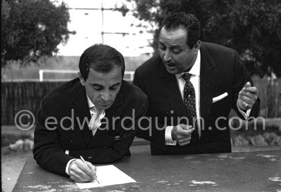 Charles Aznavour and singer Dario Moreno. Cannes 1960. - Photo by Edward Quinn