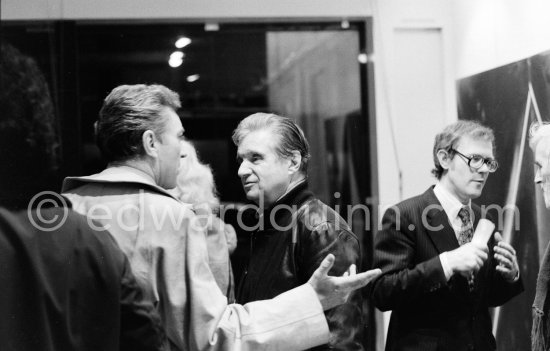 Francis Bacon attending Anne Madden\'s exhibition opening, Galerie Darthea Speyer, Paris 1979. - Photo by Edward Quinn