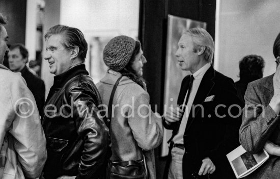 Francis Bacon attending Anne Madden\'s exhibition opening. Louis le Brocquy on the right. Galerie Darthea Speyer, Paris 1979. - Photo by Edward Quinn