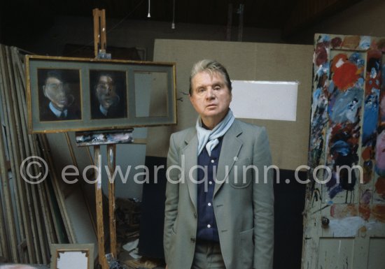 Francis Bacon is part of triptych with self-portraits at his Reece Mews studio in London 1980. - Photo by Edward Quinn