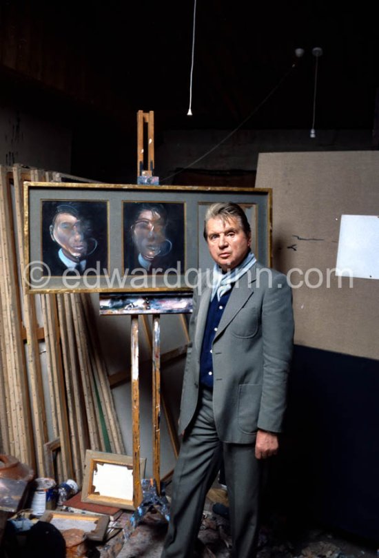 Francis Bacon is part of a triptych with self-portraits at his Reece Mews studio in London 1980. - Photo by Edward Quinn