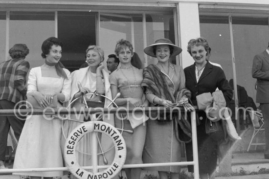 From left Ludmila Tcherina, Michèle Morgan, Brigitte Bardot, Edwige Feuillère and Lina Youdina. Cannes Film Festival 1956. - Photo by Edward Quinn