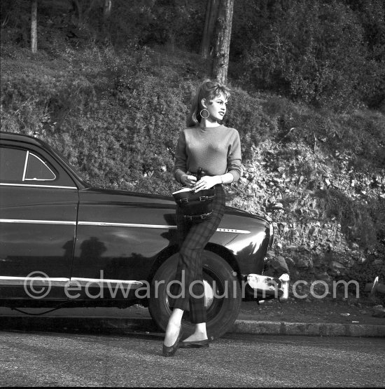 Two attractive stars, Brigitte Bardot and the Ford Vedette. Nice 1953. Car: 1953 Ford Vedette - Photo by Edward Quinn