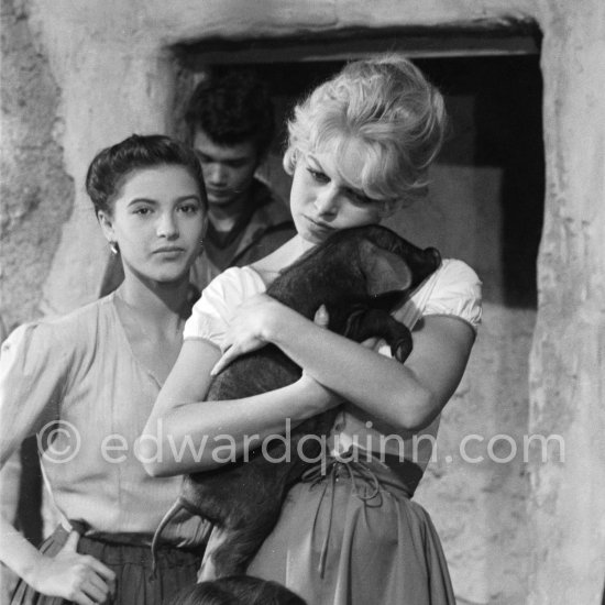 Brigitte Bardot holding a baby pig during the shooting of "Les Bijoutiers du clair de lune" ("The Night Heaven Fell"), on the grounds of the Studios de la Victorine in Nice. Directing was Brigitte’s ex-husband Roger Vadim. Nice 1958. - Photo by Edward Quinn