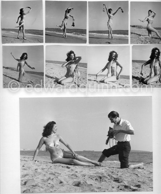 Edward Quinn photographs Beauty queen and model Myriam Bru,"Miss Cannes" and "Miss Côte d’Azur" who later married German actor Horst Buchholz and became fashion model agent. Juan-les-Pins 1951. Contact prints. Photos from original negatives available. - Photo by Edward Quinn
