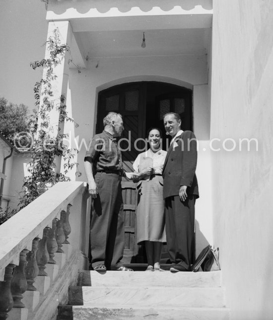 Marc Chagall with his second wife, Valentine "Vava" Brodsky and Carleton Smith, editor of Esquire and European correspondent for the New York Herald Tribune. Saint-Paul-de-Vence 1953. - Photo by Edward Quinn