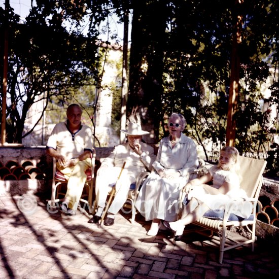Sir Winston Churchill, Lady Clementine, their son Randolph and whose daughter Arabella. Golden wedding anniversary (11.9.58) of Churchill, at Villa Capponcina owned by Lord Beaverbrook (Press Lord, London Express Group), Cap d’Ail 1958. - Photo by Edward Quinn