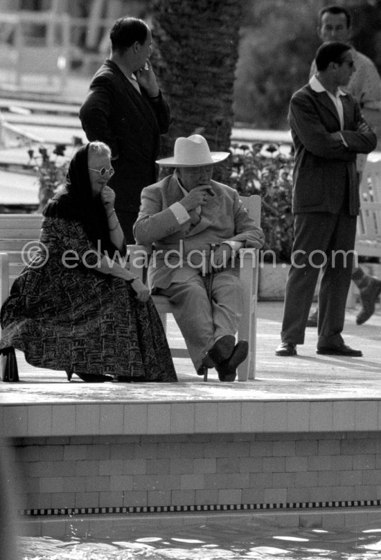 Sir Winston Churchill, Lady Clementine. Golden wedding anniversary (11.9.58) of Churchill, Monte Carlo Beach 1958. - Photo by Edward Quinn