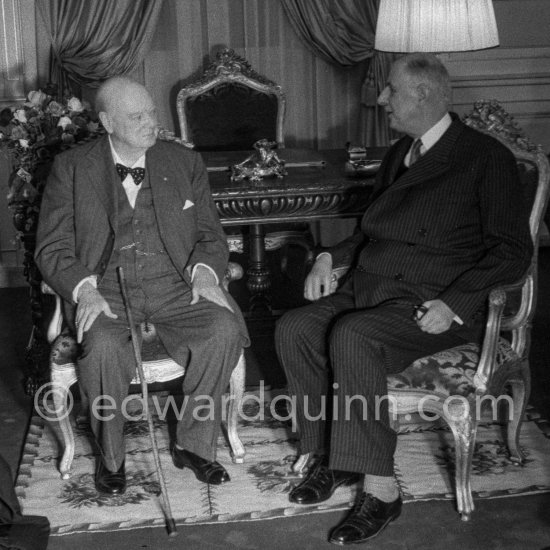 Winston Churchill and French president Charles de Gaulle Charles de Gaulle. Yvonne de Gaulle (l), wife of de Gaulle, and Lady Clementine, wife of Churchill. Meeting at Nice Prefecture 1960. - Photo by Edward Quinn