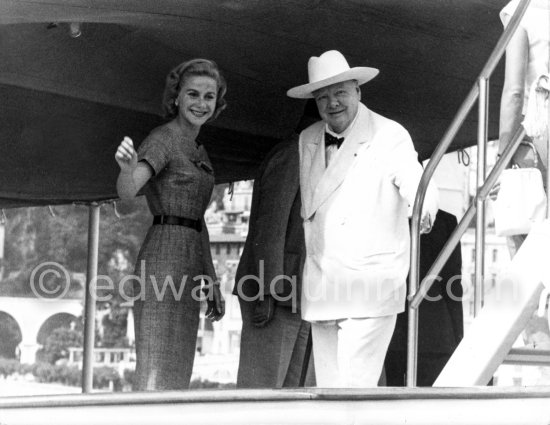 Sir Winston Churchill and Tina Onassis on board the yacht Christina for a cruise to the Balearic Islands. Monaco 1958. - Photo by Edward Quinn
