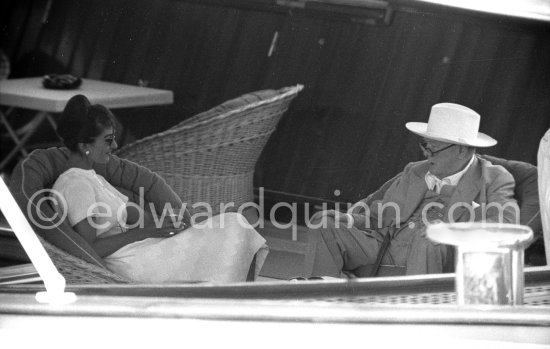 Maria Callas and Sir Winston Churchill on board Onassis\' yacht Christina. Monaco harbor 1959. - Photo by Edward Quinn