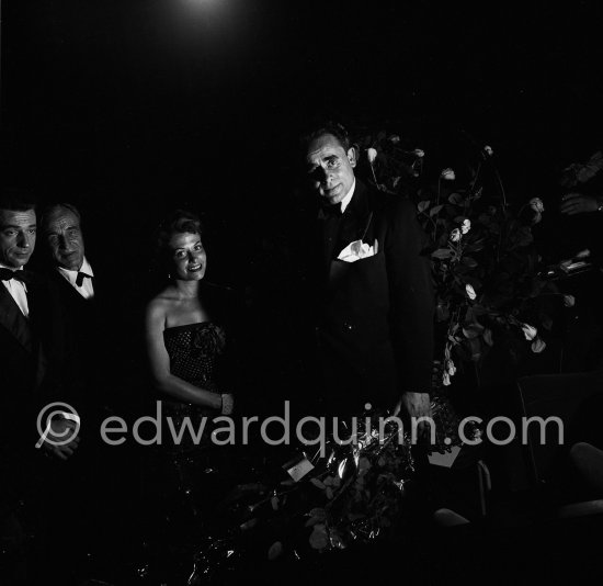 Yves Montand, Charles Vanel, Vera Clouzot, Henri-Georges Clouzot (from left) at the Cannes Film Festival for a screening of "Le salaire de la peur". Cannes April 16, 1953. - Photo by Edward Quinn