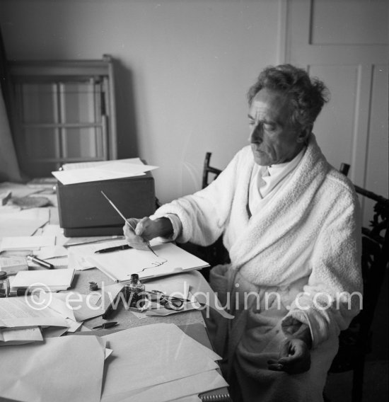 Jean Cocteau at Villa Santo Sospir, working on ink drawing "Souvenirs de Jean Cocteau". Saint-Jean-Cap-Ferrat 1952. - Photo by Edward Quinn
