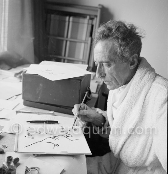 Jean Cocteau at Villa Santo Sospir, working on ink drawing "Souvenirs de Jean Cocteau". Saint-Jean-Cap-Ferrat 1952. - Photo by Edward Quinn