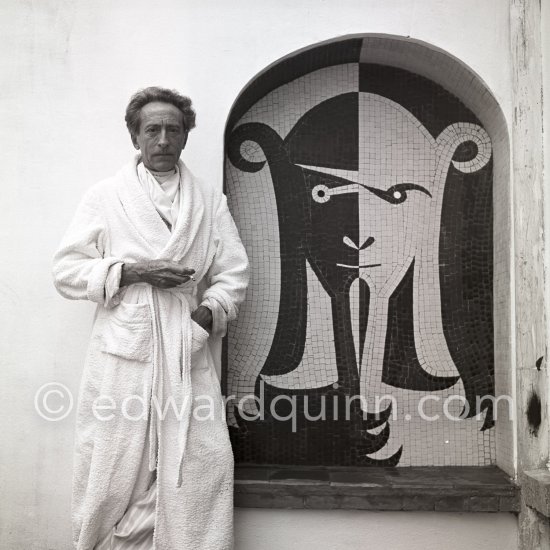 Jean Cocteau with his mosaic at Villa Santo Sospir. Saint-Jean-Cap Ferrat 1952. - Photo by Edward Quinn
