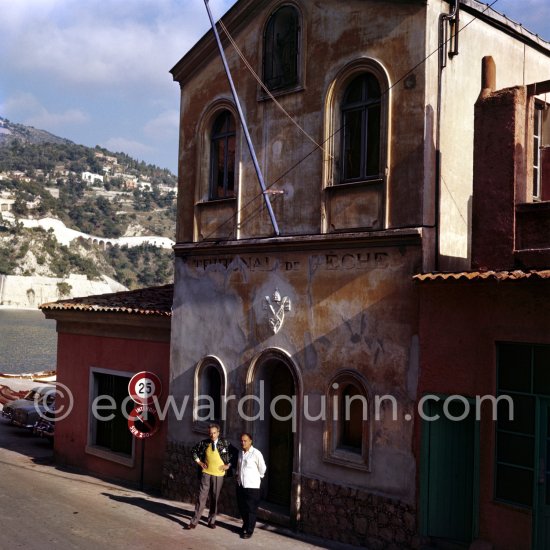 Jean Cocteau with a not yet identified associate in front of the Chapelle Saint Pierre. Villefranche-sur-Mer 1956. - Photo by Edward Quinn