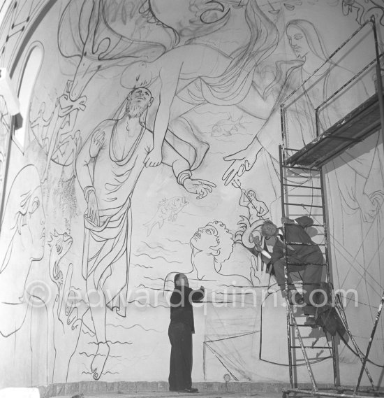 Jean Cocteau working on the mural of the Chapelle Saint Pierre. Villefranche-sur-Mer 1956. - Photo by Edward Quinn
