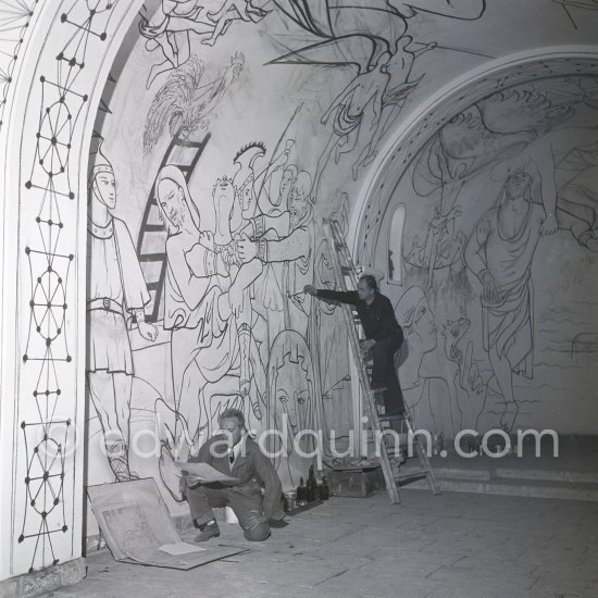 Jean Cocteau and an assistant working on the mural of the Chapelle Saint Pierre. Villefranche-sur-Mer 1956. - Photo by Edward Quinn