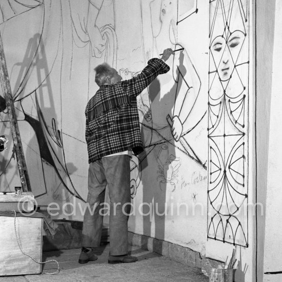 Jean Cocteau working on the mural of the "Chapelle Saint Pierre" in Villefranche-sur-Mer 1956. - Photo by Edward Quinn
