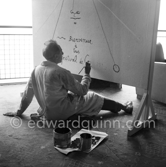 Jean Cocteau, making a drawing for the 6th Cannes Film Festival. Cannes 1953. - Photo by Edward Quinn