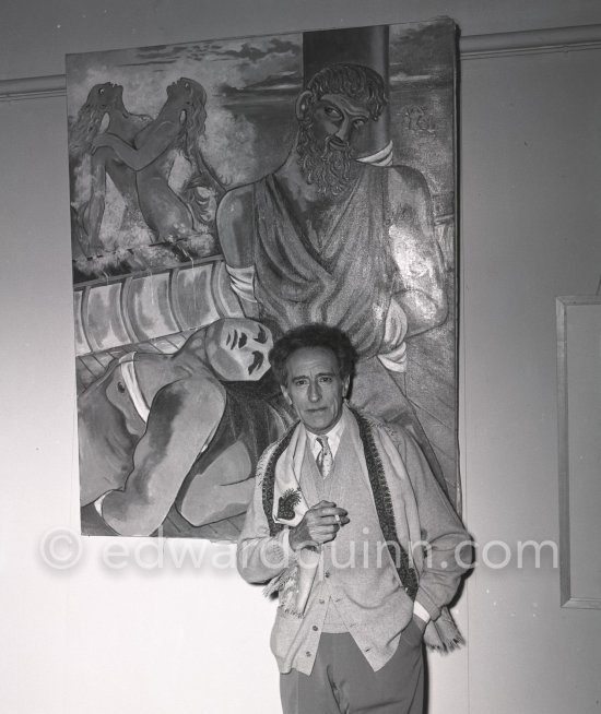 Jean Cocteau with "Uysse et les sSirènes" at the Galerie des Ponchettes, Nice where there is an exhibition of his paintings. 10th February 1953. - Photo by Edward Quinn