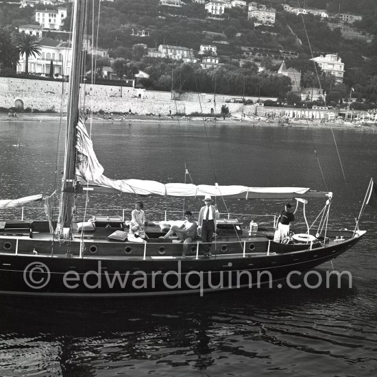 Jean Cocteau, Edouard Dermit and Francine Weisweiller on board her yacht Orphée II. Villefranche-sur-Mer 1954. - Photo by Edward Quinn