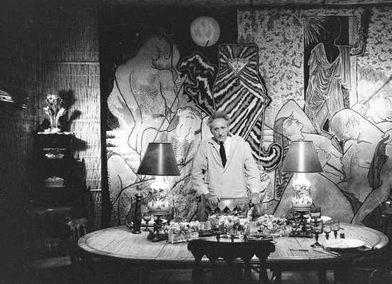 Jean Cocteau at Villa Santo Sospir with "Judith and Holofernes". Saint-Jean-Cap-Ferrat 1959. - Photo by Edward Quinn