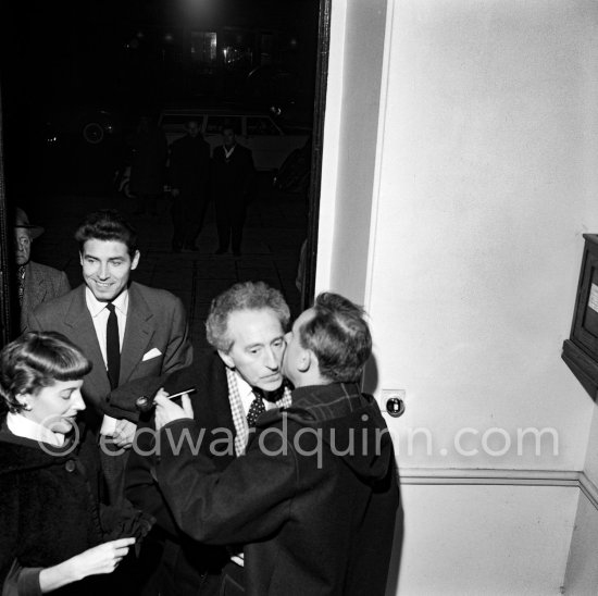 Henri-Georges Clouzot, Jean Cocteau, Francine Weisweiller, Edouard Dermit. At a private viewing of Pablo Picasso\'s book illustrations in the Matarasso gallery in Nice.,"Pablo Picasso. Un Demi-Siècle de Livres Illustrés". December 21 - January 31. Nice 1956. - Photo by Edward Quinn