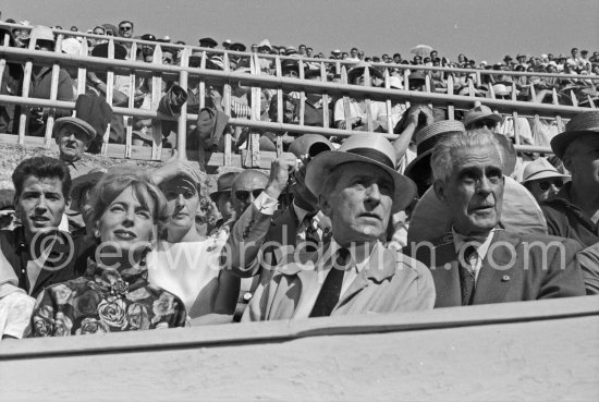 Jean Cocteau and Francine Weisweiller at a bullfight. Person at right not yet identified. Arles 1960. - Photo by Edward Quinn