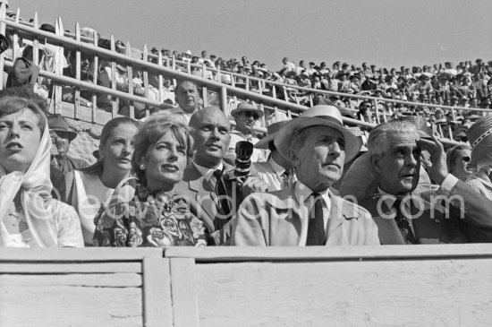 Jean Cocteau, Francine Weisweiller and her daughter Carole, Yul Brynner and his wife Doris behind them, at a bullfight. Person at right not yet identified. Arles 1960. - Photo by Edward Quinn