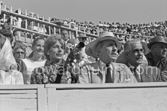 Jean Cocteau, Francine Weisweiller, Yul Brynner and his wife Doris behind them, at a bullfight. Person at right not yet identified. Arles 1960. - Photo by Edward Quinn