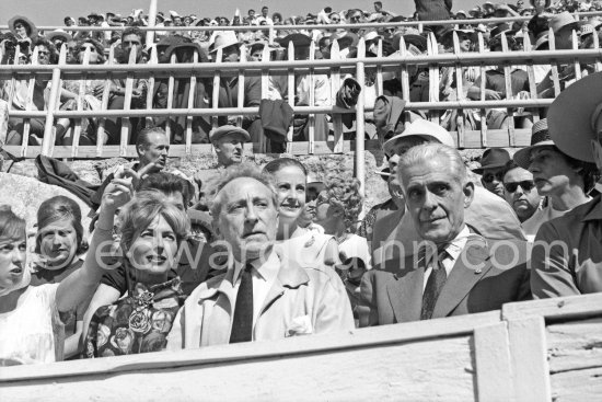 Jean Cocteau, Francine Weisweiller and her daughter Carole, Yul Brynner and his wife Doris behind them, at a bullfight. Person at right not yet identified. Arles 1960. - Photo by Edward Quinn