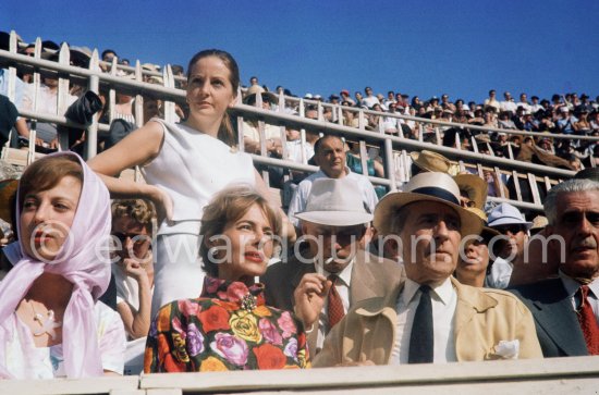 Jean Cocteau, Francine Weisweiller and her daughter Carole, Yul Brynner and his wife Doris (standing) behind them, at a bullfight. Arles 1960. - Photo by Edward Quinn