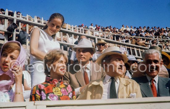 Jean Cocteau, Francine Weisweiller and her daughter Carole, Yul Brynner and his wife Doris (standing) behind them, at a bullfight. Arles 1960. - Photo by Edward Quinn