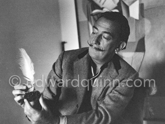 Salvador Dalí works on his experiments with the sea urchin holding a swan feather in its mouth. He sits in front of his painting "Taula davant el mar (Table in front of the Sea) Homage to Eric Satie". Portlligat, Cadaqués 1957. - Photo by Edward Quinn