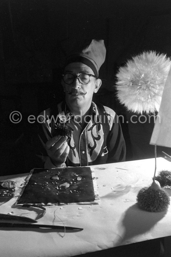 Salvador Dalí works on his experiments with the sea urchin holding a swanfeather or a dried flower in its mouth and moving backwards and forewards thus marking the blackened paper. These experiments he is carrying out at his studio in his Spanish home at Portlligat, Cadaqués, on the Costa Brava 1957. - Photo by Edward Quinn