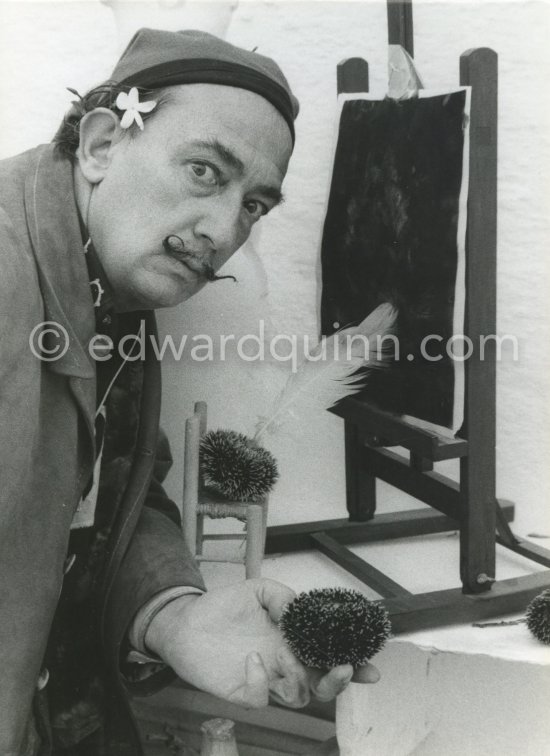 Salvador Dalí shows the set up from which he hopes to obtain the painting, a sea urchin is placed on a small chair and in its mouth, the "Aristotle\'s lantern", he puts a swan’s feather or other light object. The swan’s feather (he owns two swans which swim around in the sea in front of his home at Port Lligat) is allowed to slightly touch a sheet of blackened paper. The movements then made by the "oursin" are traced on the paper. At Salvador Dalí\'s house, Portlligat, Cadaqués 1957. - Photo by Edward Quinn