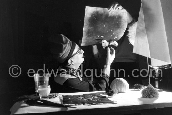 Salvador Dalí works on his experiments with the sea urchin holding a swan feather and moving backwards and forewards thus marking the blackened paper. These experiments he is carrying out at his studio in his Spanish home at Port Lligas on the Costa Brava 1957. - Photo by Edward Quinn