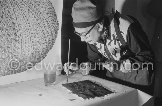 Salvador Dalí demonstrates the origin of the "oursin", a liquid which takes on a particular form. Here he is seen using milk and water. The display board shows a sea urchin fossile. At Salvador Dalí\'s house, Portlligat, Cadaqués 1957. - Photo by Edward Quinn