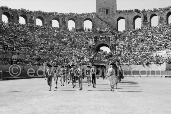 Bullfight (corrida de toros, tauromaquia): The participants enter the bull ring in a parade, called the paseo. Luis Miguel Dominguin on the right, his brother-in-law, Antonio Ordóñez, extreme left. Arles 1960. A bullfight Picasso attended (see "Picasso"). - Photo by Edward Quinn