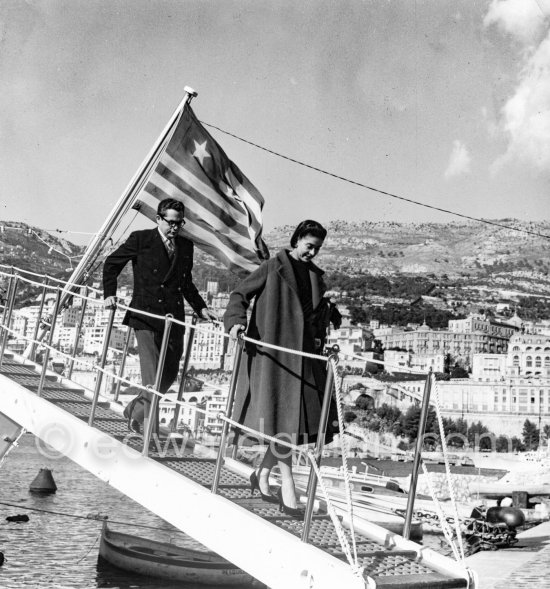 Margot Fonteyn and her husband Roberto Arias leaving Onassis\' yacht Christina. Monaco harbor 1955. - Photo by Edward Quinn
